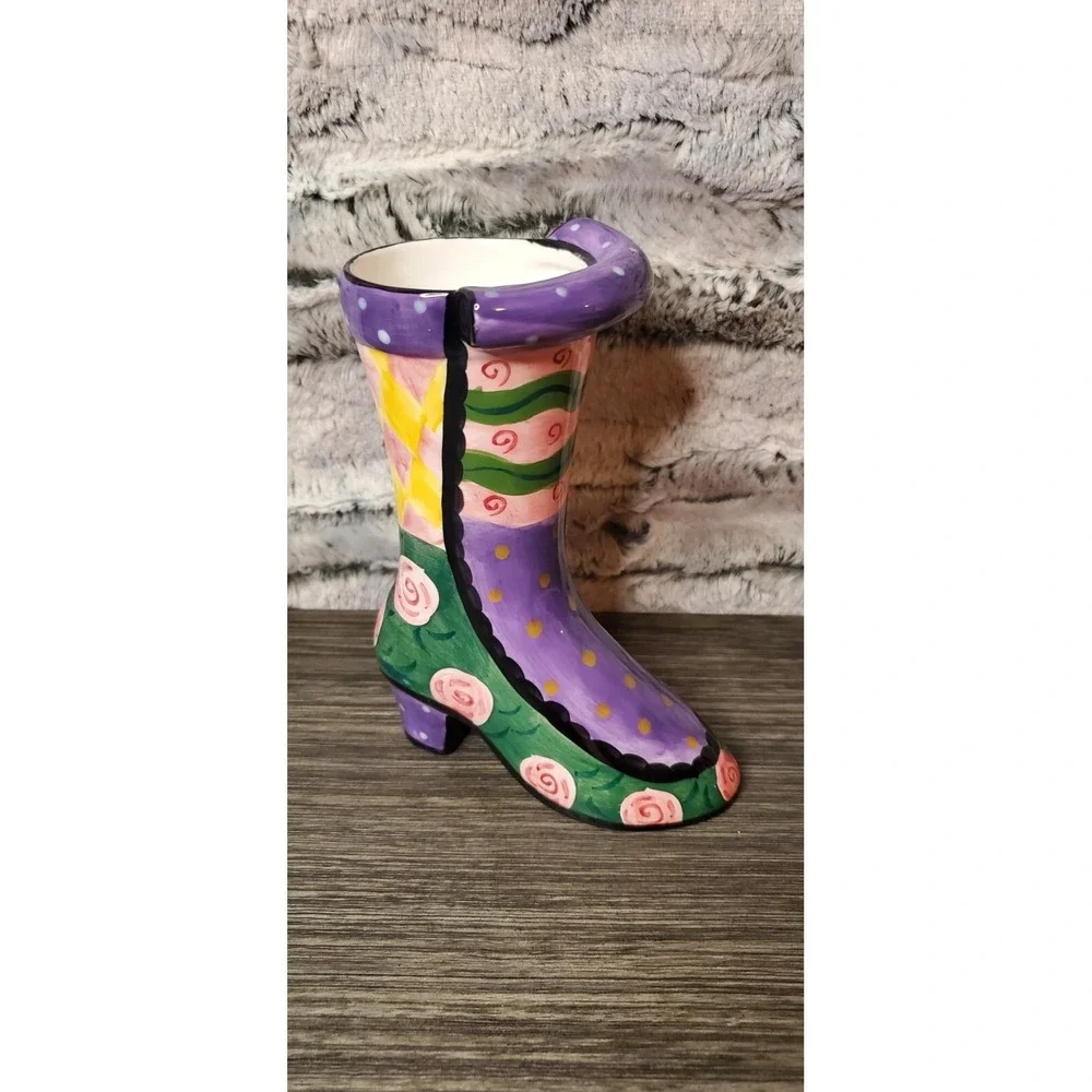 Milson & Louis Hand Painted Whimsical Boot Purple Yellow Green Pink Roses Hallow